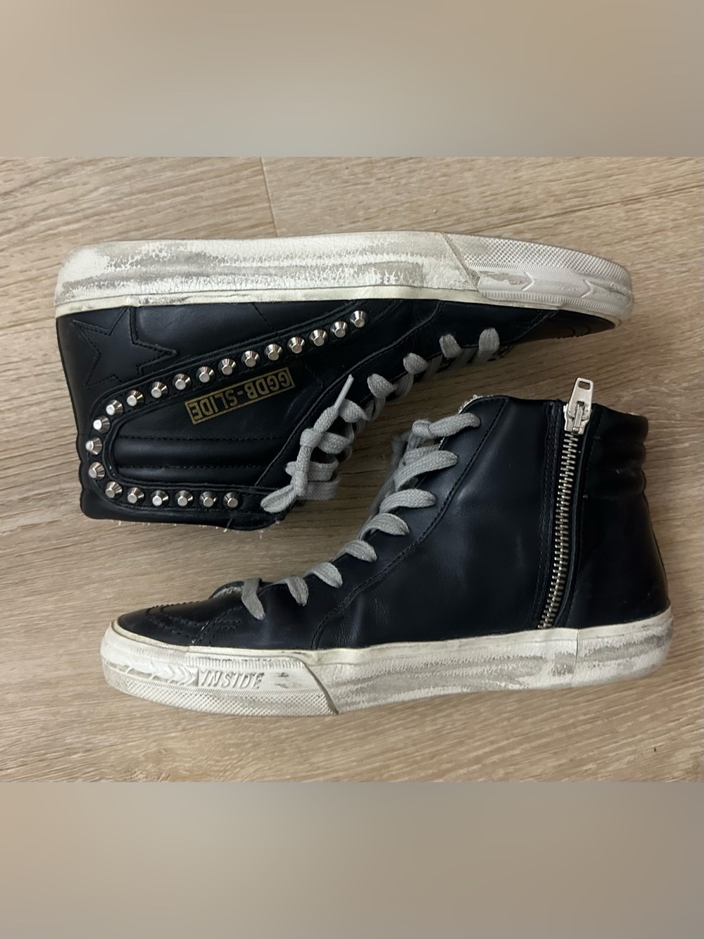 Golden Goose Slide Black Studs High Top Sneakers EU 37 US 7 Calfskin Leather - Picture 2 of 12